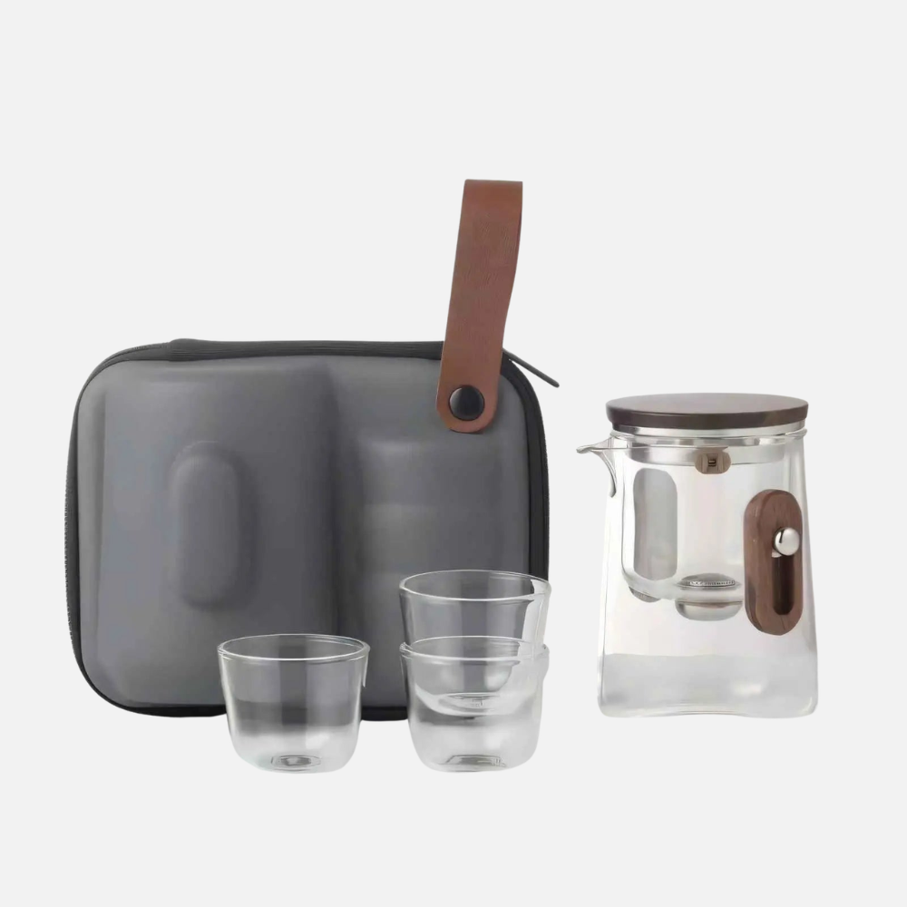 Travel Glass Tea Set, Portable Teapot Kettle With 3 Glass Cups & Travel Case
