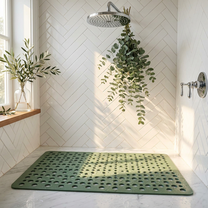 Green non slip shower mat with drainage holes on a marble shower floor below a bunch of eucalyptus