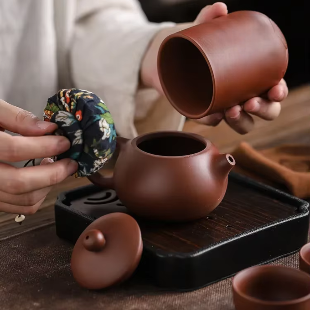 Clay Travel Tea Set With Portable Travel Case - 4 Cups, Tea Jar, Teapot