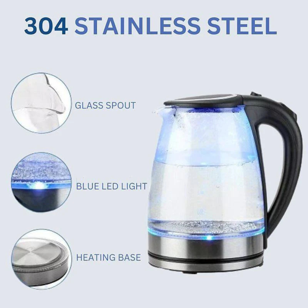 Electric Tea Kettle 1.8L Cordless Borosilicate Glass with Blue LED Light