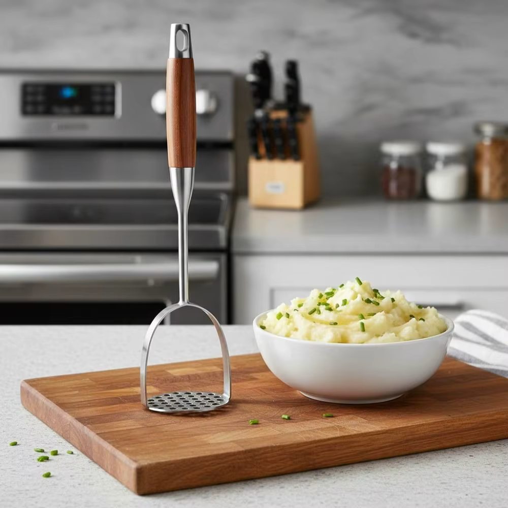 Potato Masher Stainless Steel Manual Food Press with Wooden Handle