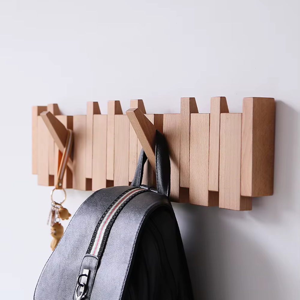 Wooden Folding Wall Coat & Hat Rack With Magnetic Hooks - Multiple Size Racks From 4 Hooks To 8 Hooks