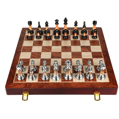 Wooden Chess Board - 45cm Large Foldable Set with Metal Pieces