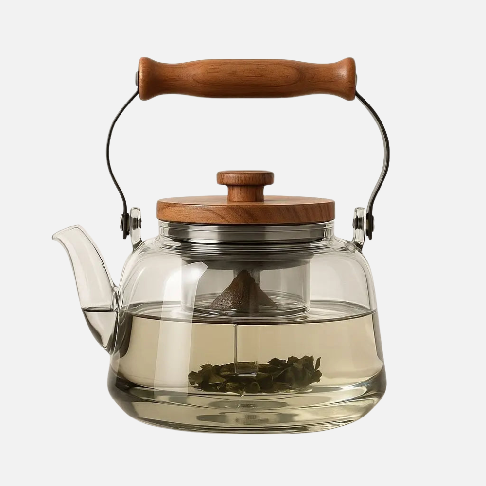 Gray Glass Filtration Teapot, Tea Kettle With Filter, Wooden Handle & Wooden Lid
