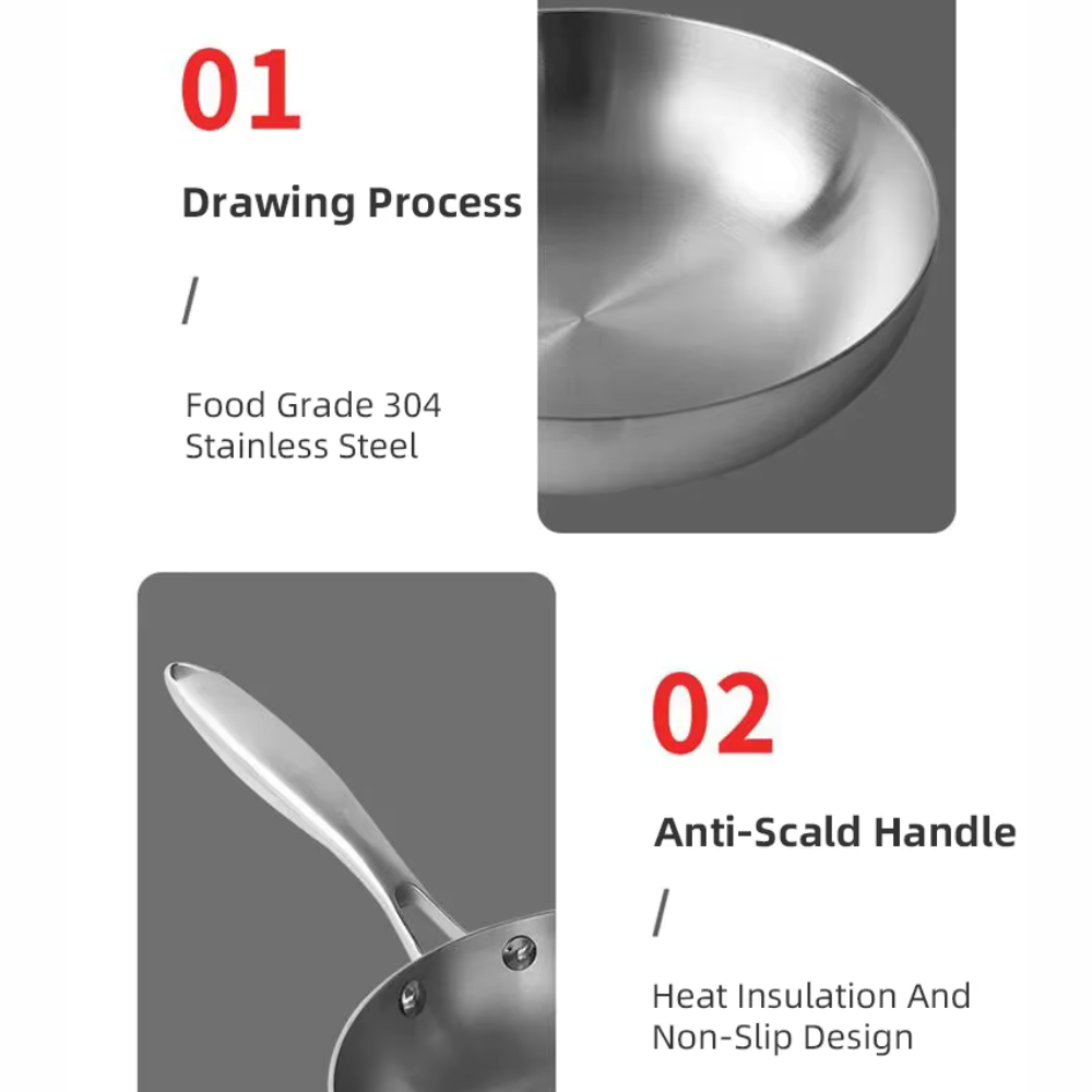 Frying Pan Stainless Steel 3-Ply Deep Cookware for Gas and Induction