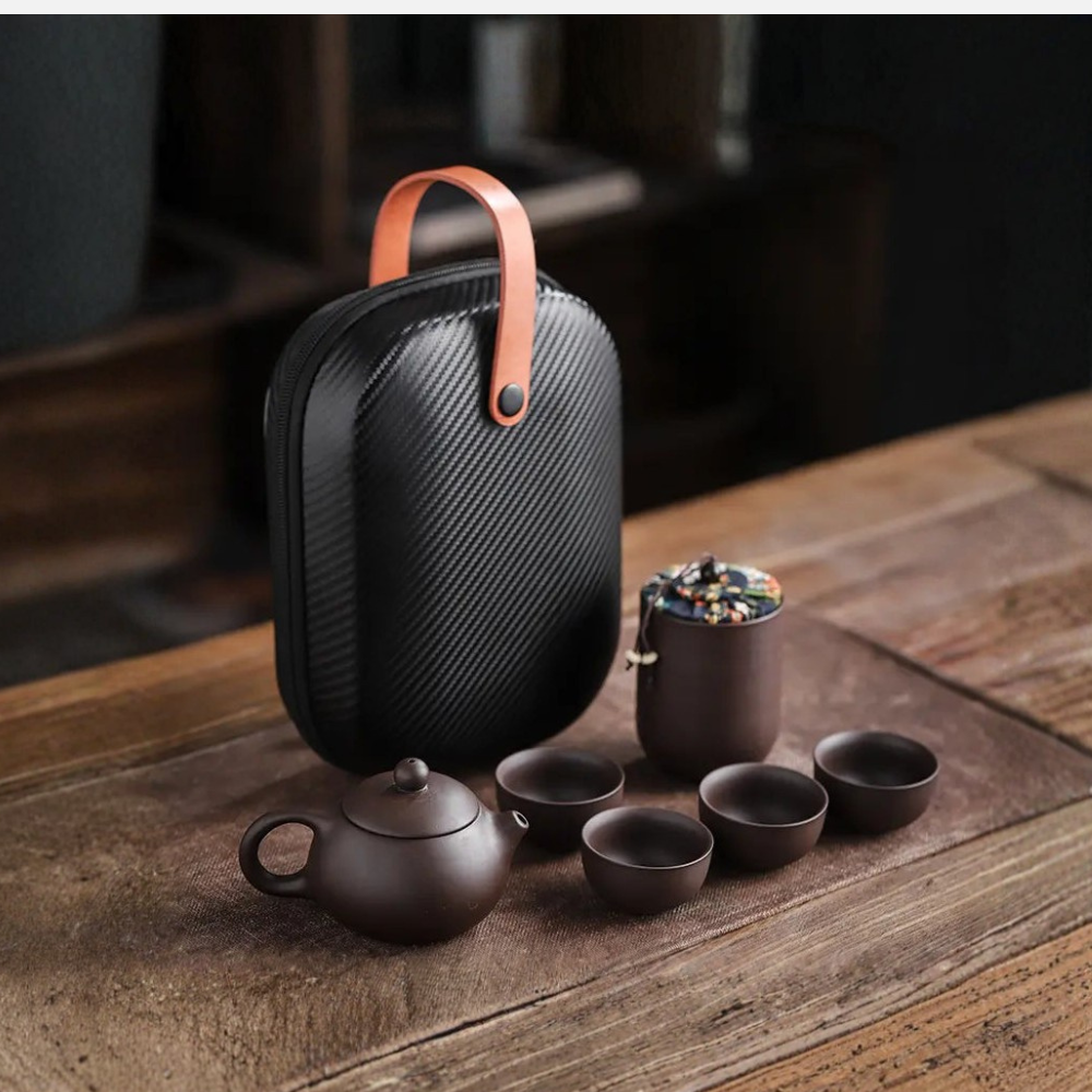 Clay Travel Tea Set With Portable Travel Case - 4 Cups, Tea Jar, Teapot