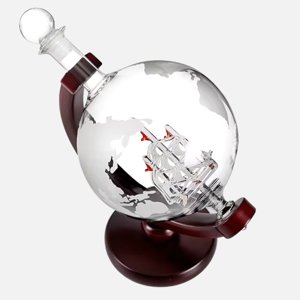 Golden Globe Glass Decanter With Glass Ship Inside - Wooden Stand