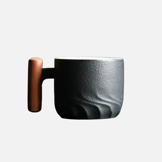 Retro Double Espresso Ceramic Cups with Wooden Handle