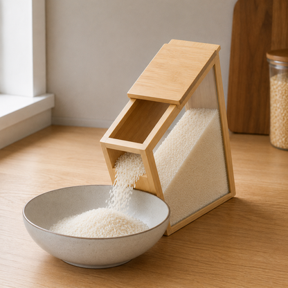 Bamboo cereal container tipped over a bowl with rice pouring from the open mouth in its top