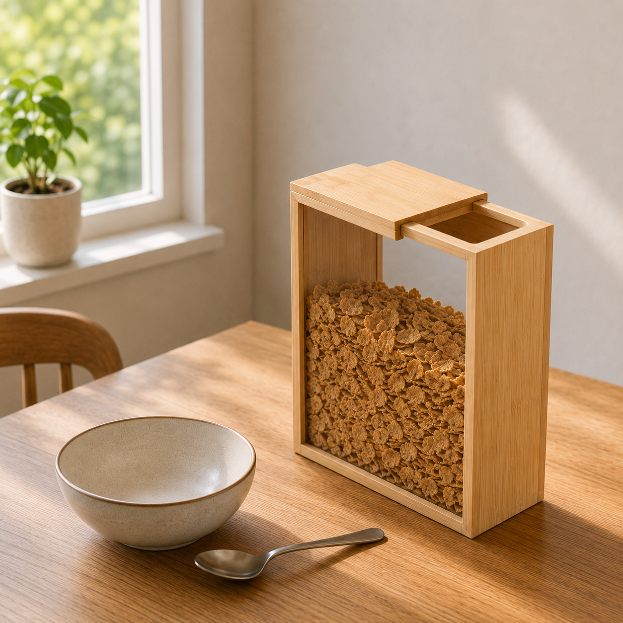 Bamboo container of bran flakes on a breakfast table beside a bowl and spoon, sliding lid open