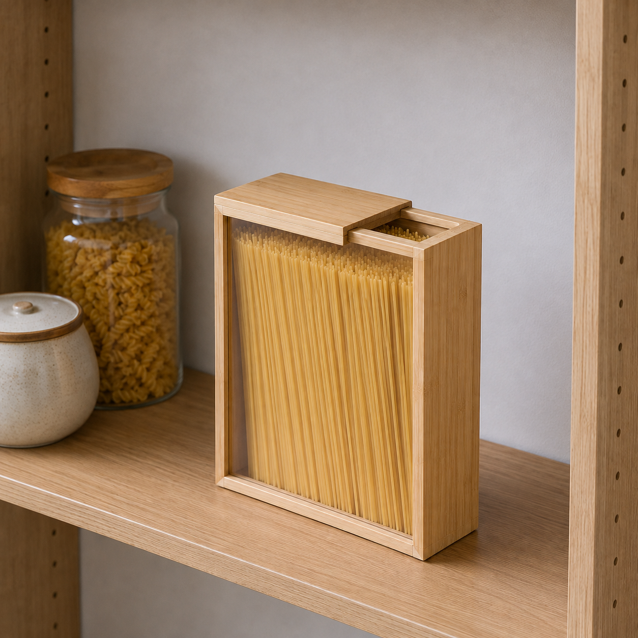 Bamboo container of dried spaghetti on a pantry shelf with the sliding lid open at one end
