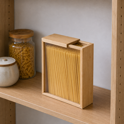 Bamboo container of dried spaghetti on a pantry shelf with the sliding lid open at one end