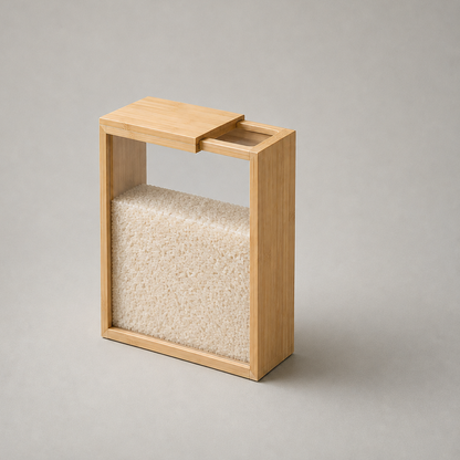 Bamboo cereal container filled with rice on a plain grey studio background