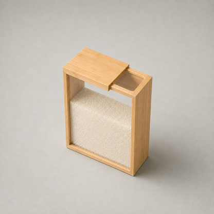 Bamboo cereal container from above with the sliding lid pushed back and the mouth open