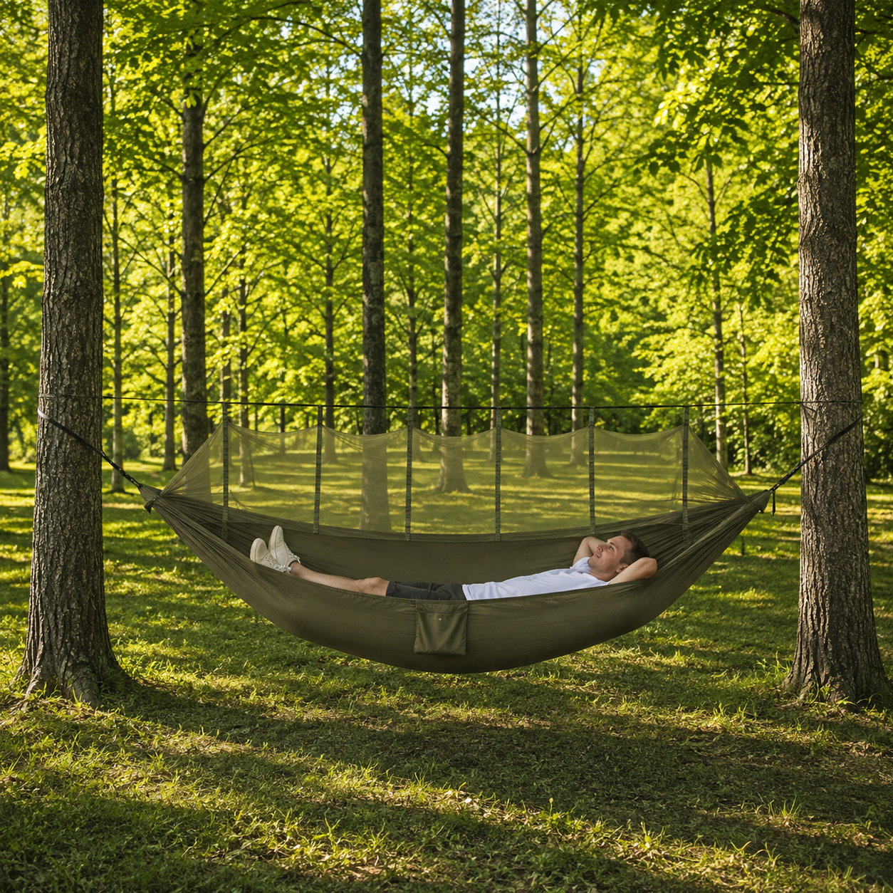 Army Green double hammock slung between two trees in a wood, mosquito net up on its ridgeline, a man lying in it