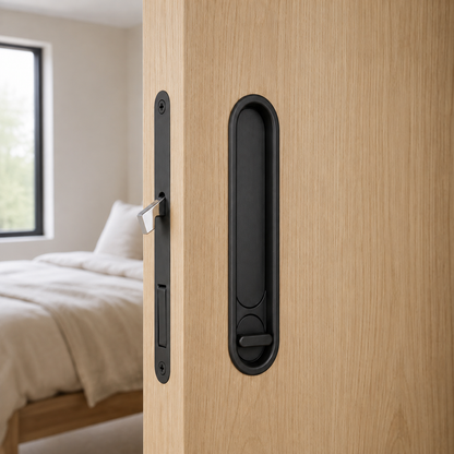 Matte black pocket door lock on a pale oak door, flush pull on the face and hook bolt on the edge, bedroom beyond
