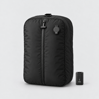 Black vacuum compression travel bag standing upright beside its square USB-C pump on a light grey background, with a flat ring handle on top and a dark grey capped air valve