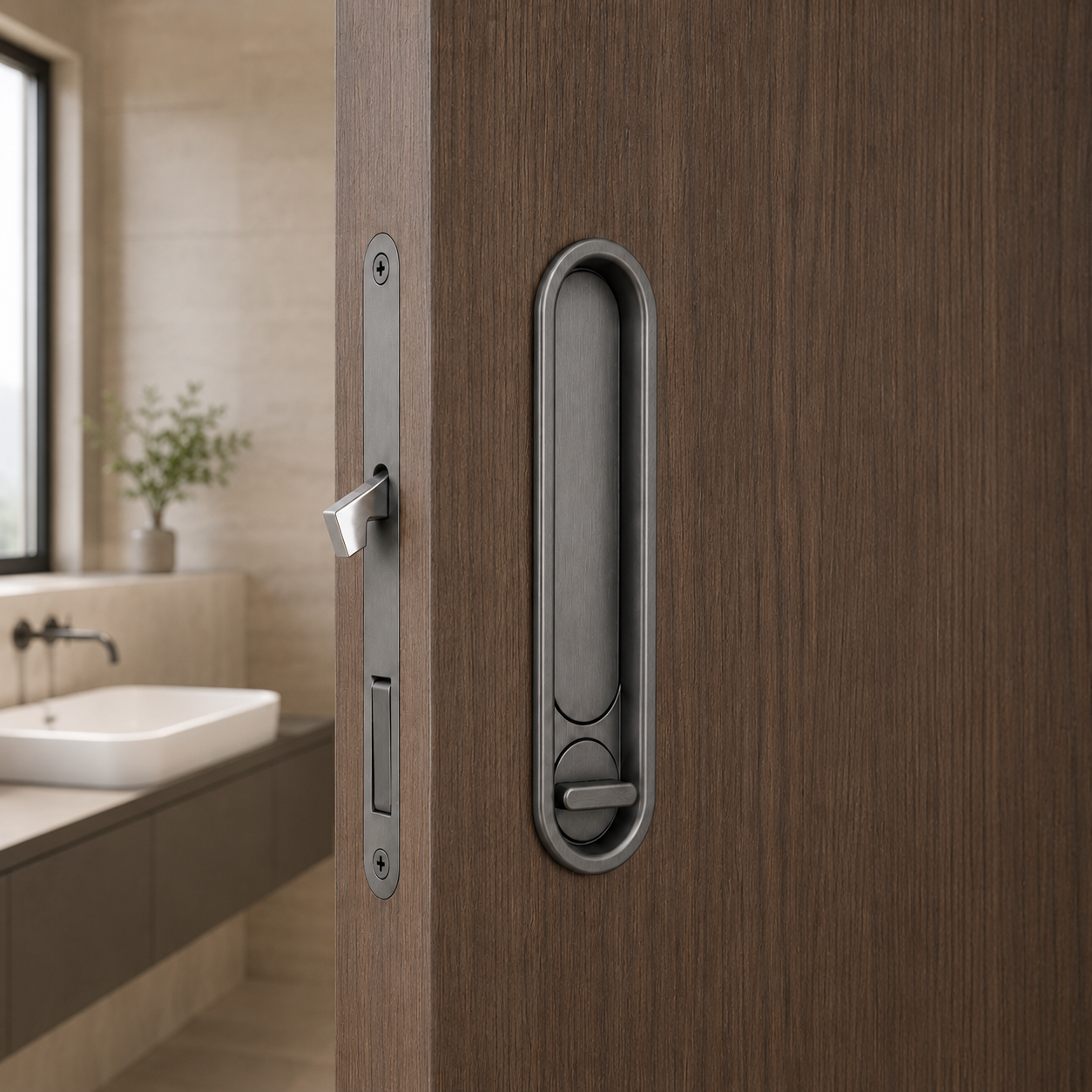 Gray pocket door lock on a smoked oak door, flush pull and edge plate together, bathroom beyond