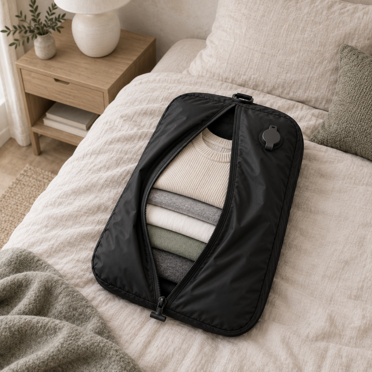 Compression bag open along its centre zip on a linen bed, filled with folded knitwear and tees