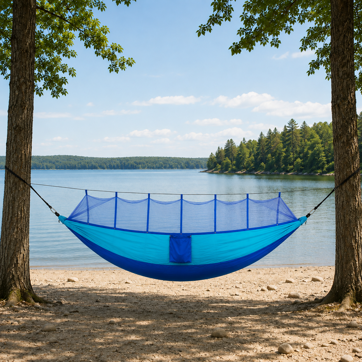 Blue double hammock beside a lake, turquoise over royal blue, mosquito net up