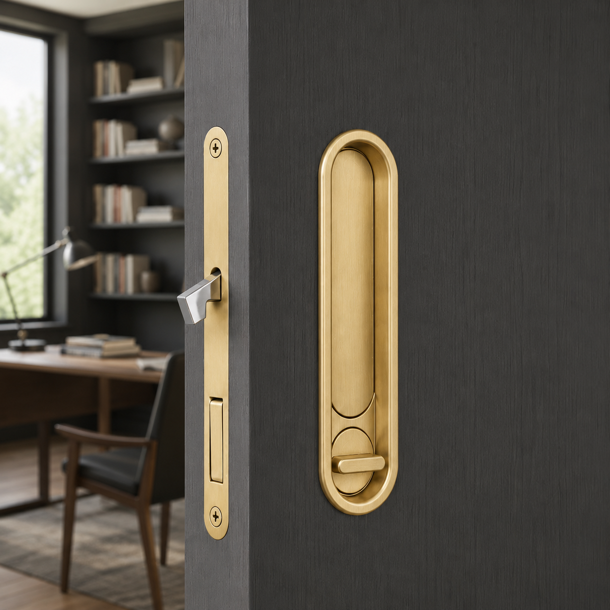Gold pocket door lock on a charcoal door, flush pull and edge plate together, study beyond