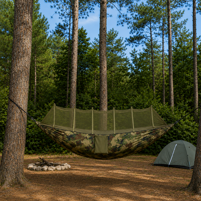 Camouflage double hammock at a forest campsite with a tent behind, mosquito net up