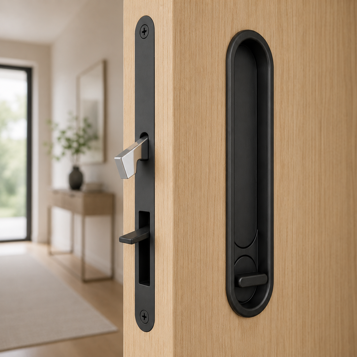 The edge pull sprung out of the door edge, with the hook bolt thrown and the face plate alongside