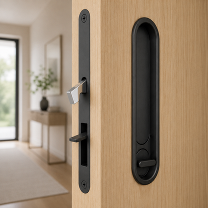 The edge pull sprung out of the door edge, with the hook bolt thrown and the face plate alongside