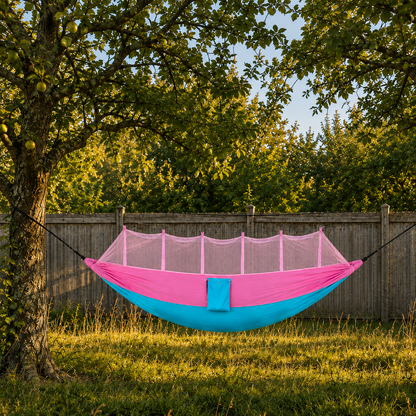 Pink double hammock in an orchard, pink over turquoise, mosquito net up