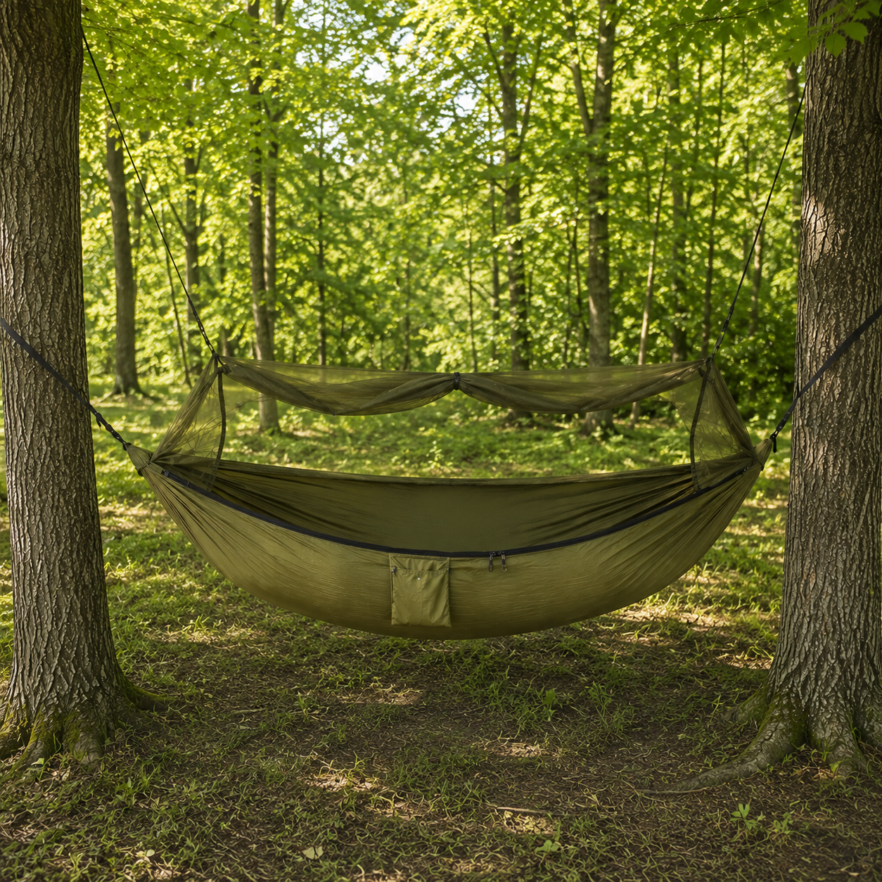 The mosquito net unzipped and folded back, showing the open bed and the zip along the top edge