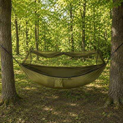 The mosquito net unzipped and folded back, showing the open bed and the zip along the top edge