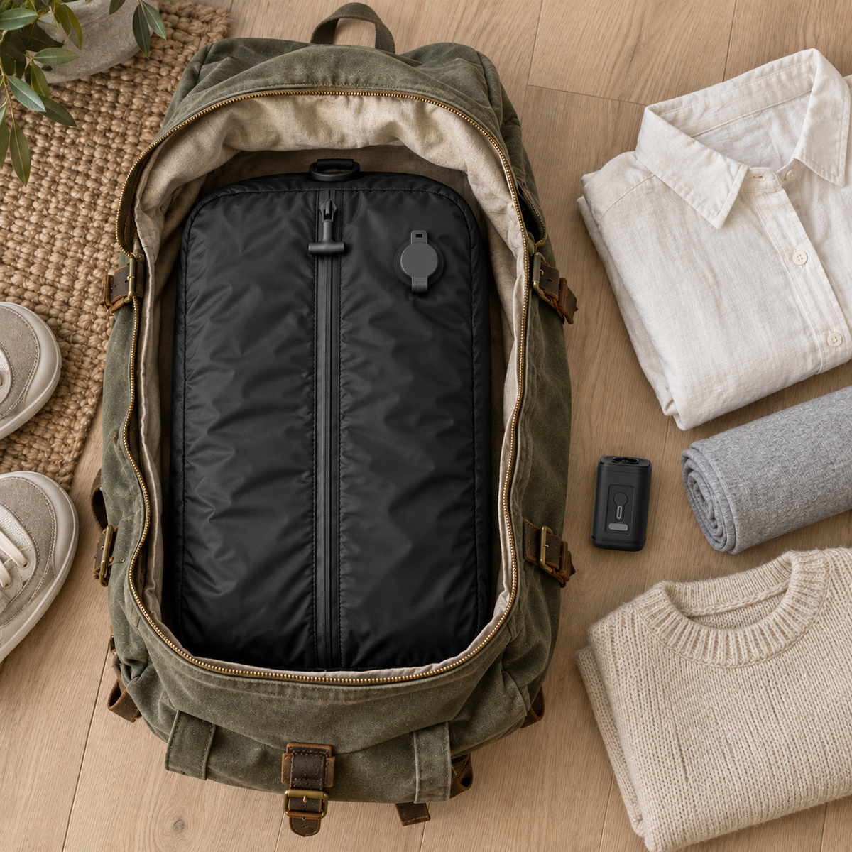 Compressed bag inside an open canvas backpack on a wooden floor, with the pump and folded clothes beside it