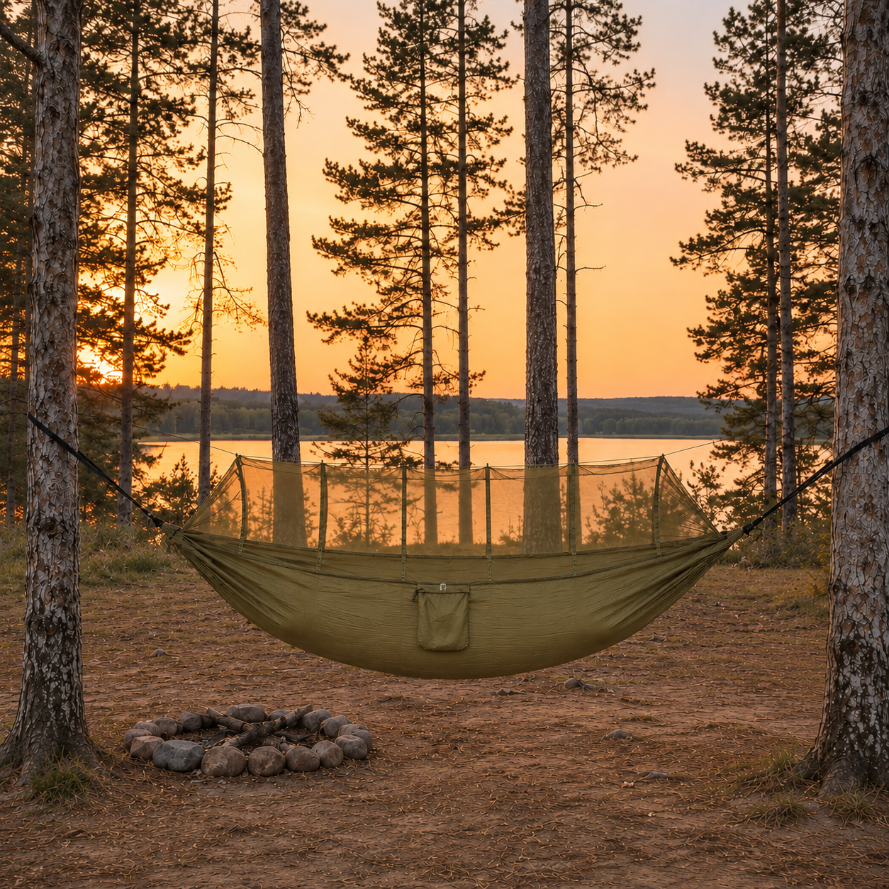 Army Green hammock by a lake at dusk, fire ring on the ground, net up on its ridgeline