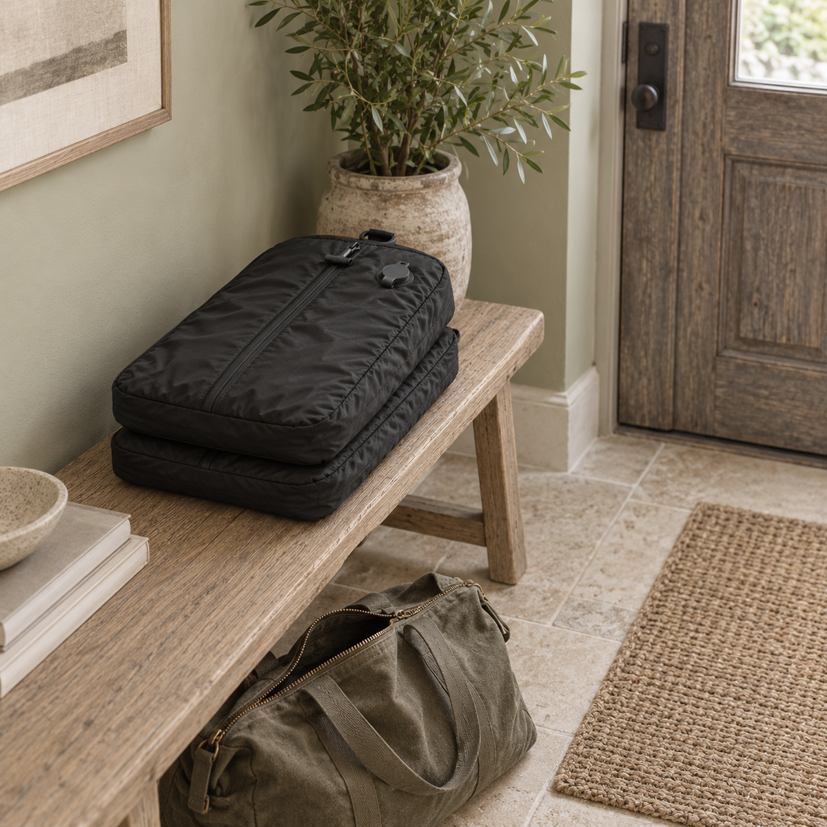 Two compressed bags stacked on a wooden hallway bench by the front door