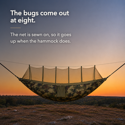 The bugs come out at eight - the net is sewn on, so it goes up when the hammock does