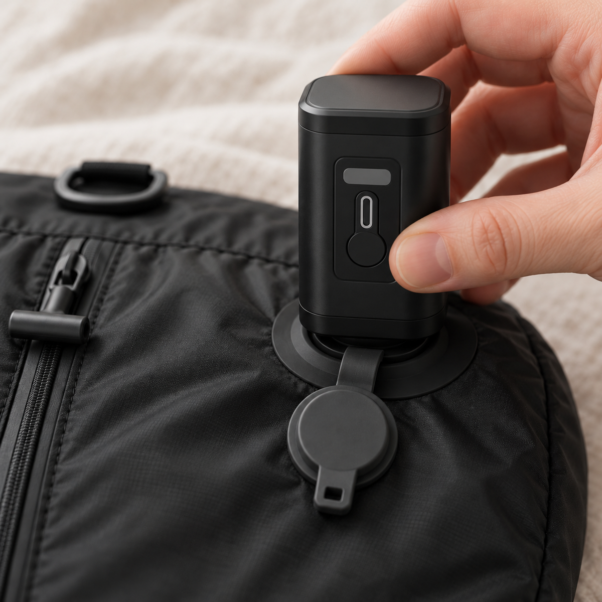 Close-up of the USB-C pump pressed onto the bag's open air valve, its cap hanging below