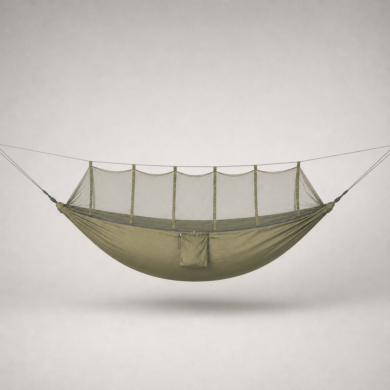 Army Green double hammock hung on a plain grey studio background, net up on its ridgeline