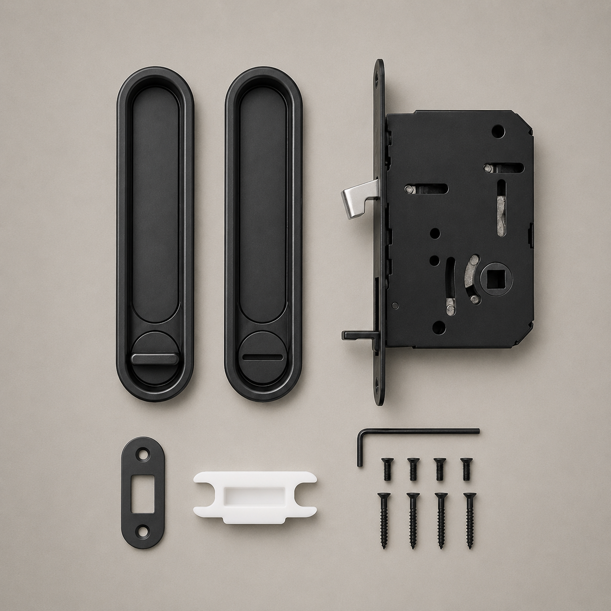 Everything in the box: two face plates, the mortise lock body, strike plate, template, allen key and eight screws
