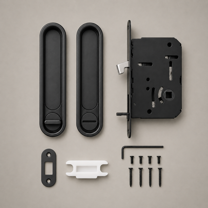 Everything in the box: two face plates, the mortise lock body, strike plate, template, allen key and eight screws
