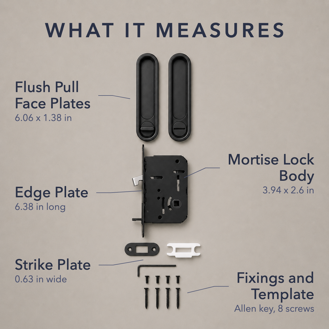 Every component with its measurements: face plates, mortise lock body, edge plate, strike plate and fixings