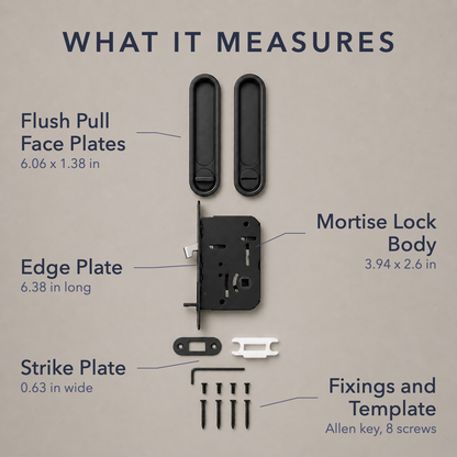 Every component with its measurements: face plates, mortise lock body, edge plate, strike plate and fixings