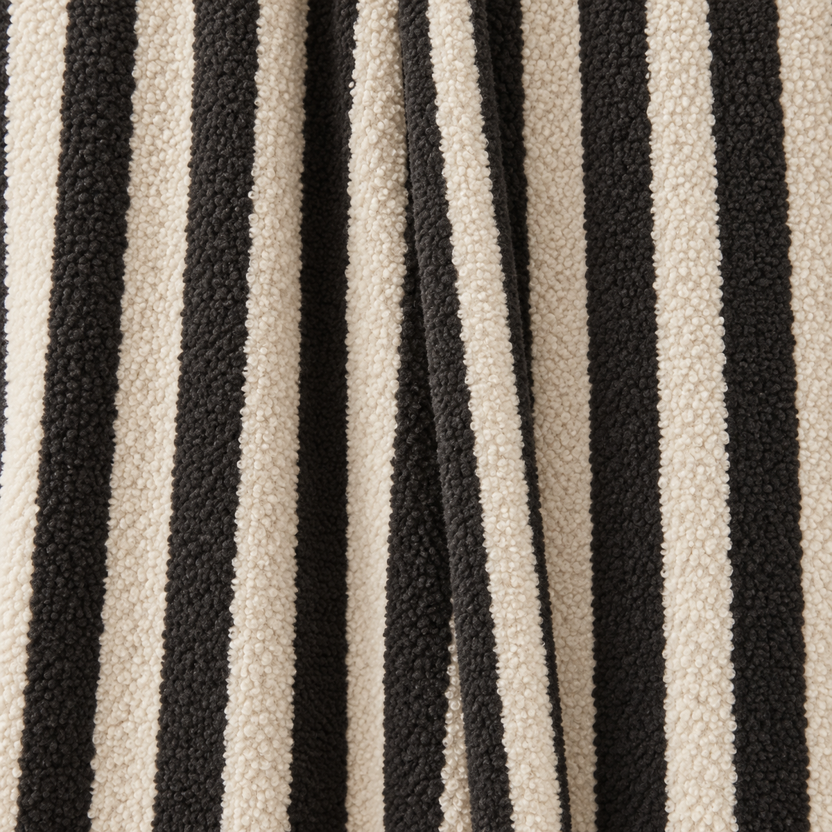 Close-up of the curly black and cream striped fleece on the front of the bathrobe