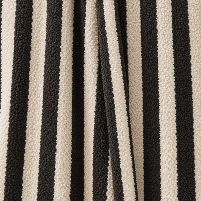Close-up of the curly black and cream striped fleece on the front of the bathrobe