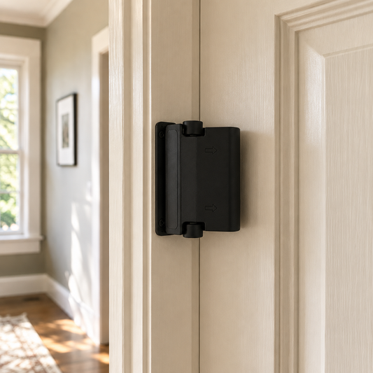 Matte black childproof door lock fitted high on a door frame, arm swung across the closed door