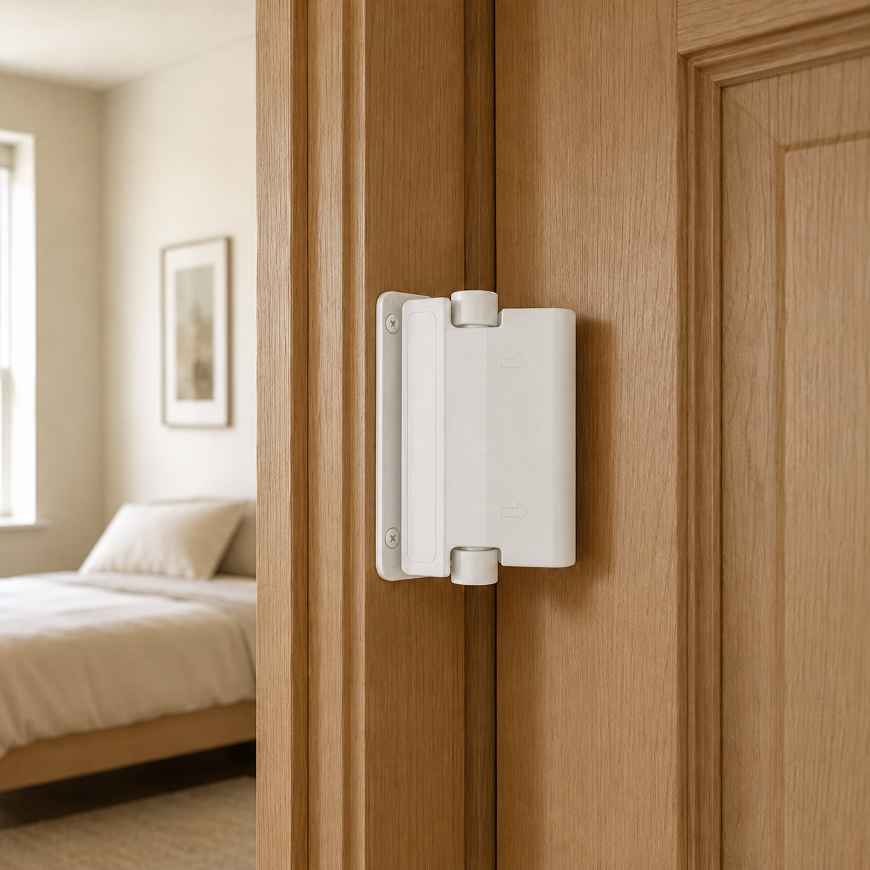 White childproof door lock on an oak bedroom door frame, arm across the closed door
