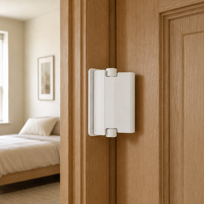 White childproof door lock on an oak bedroom door frame, arm across the closed door
