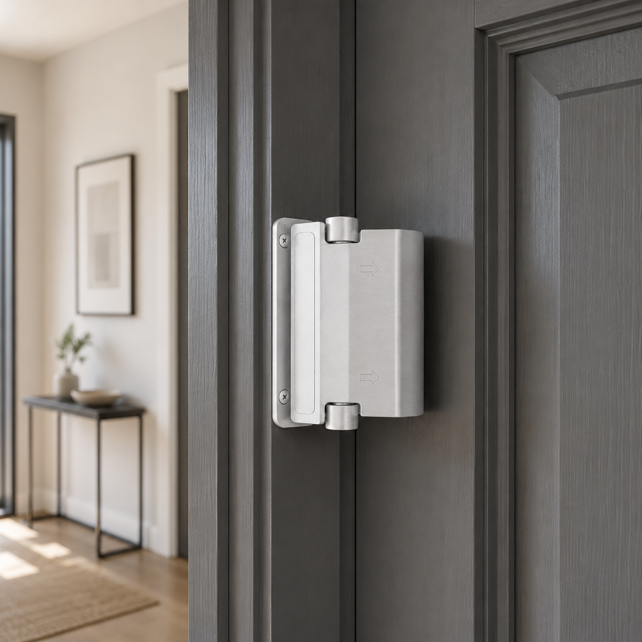 Silver childproof door lock on a charcoal apartment door frame, arm across the closed door