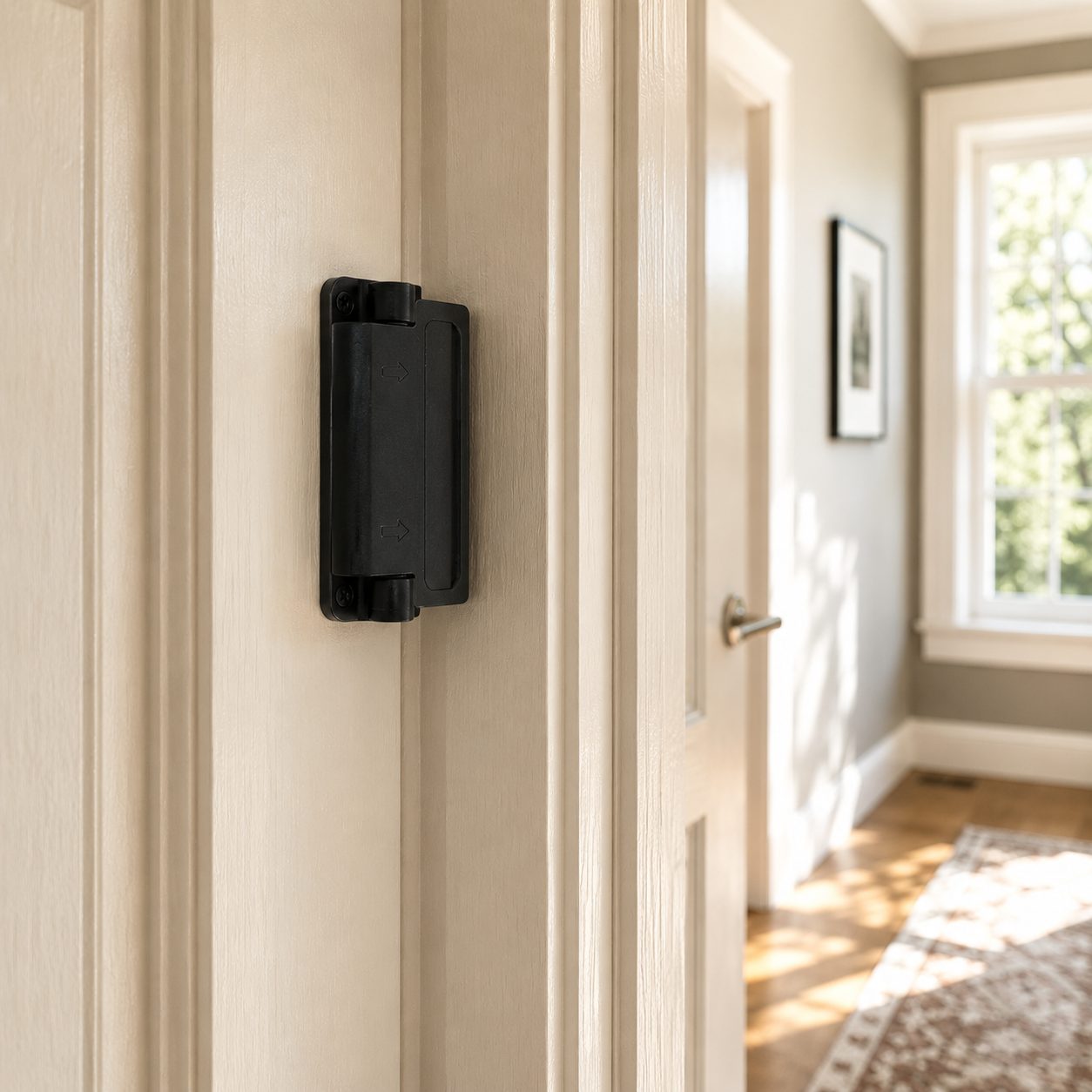 The lock in the open position, arm folded flat against the frame so the door swings freely