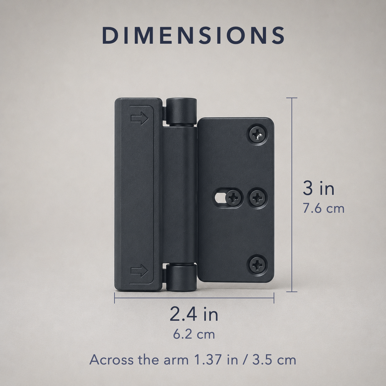 Dimensions: 3 inches tall, 2.4 inches deep, 1.37 inches across the arm