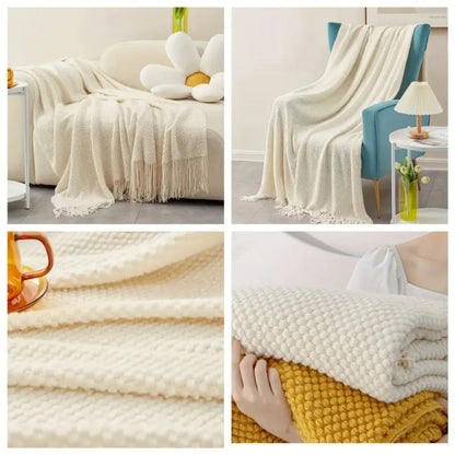 Cream pebble knit throw on a sofa and an armchair, with a close-up of the raised knit texture